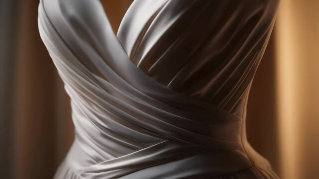 Close-up of a white wedding dress bodice with overlapping pleats.