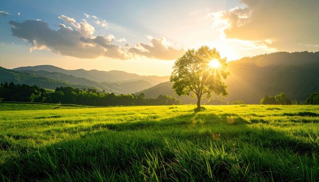 Majestic lone tree bathed in golden hour sunlight casting long shadows across a vibrant green meadow with rolling hills in the background under a dramatic sky with clouds - Powered by Adobe