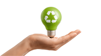 Green Light Bulb with Recycling Symbol Held in Hand: Eco-Friendly Energy Concept