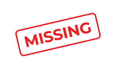 Red rectangular “MISSING” stamp on a white background, symbolizing loss, alert, search, or absence. Ideal for warning, documentation, business notification, and attention-grabbing design concepts.