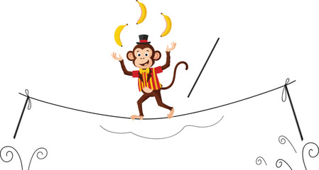 PrintFunny circus monkey juggling bananas on a tightrope, cartoon animal performance, playful entertainment concept, cute character illustration, fun vector design