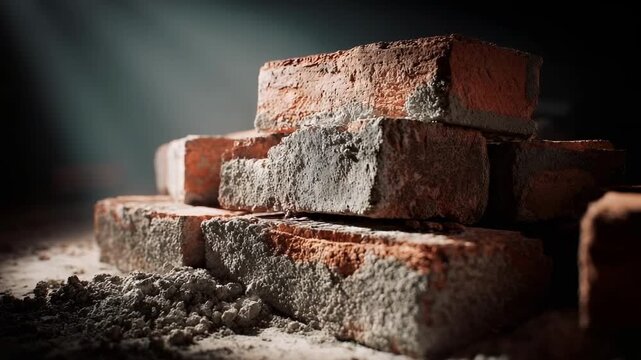 A stack of red bricks on a dusty construction site with loose rubble around.