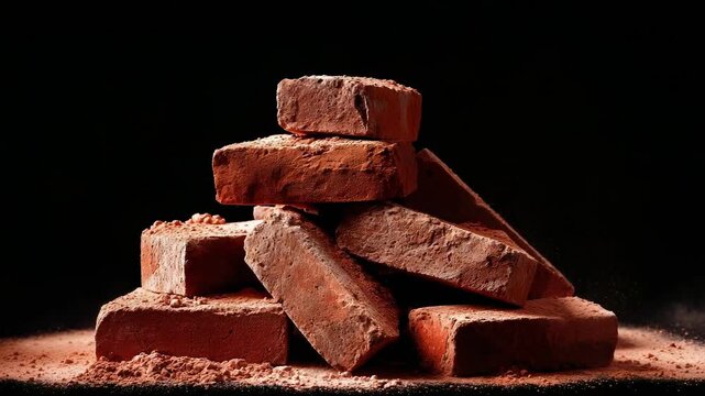A pile of red bricks stacked into a small pyramid, with dust particles drifting in the air against a dark background.