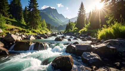 A clear mountain stream flows through lush greenery under a sunlit, partly cloudy sky—evoking freshness, tranquility, and the vibrant rhythm of nature’s untouched beauty.