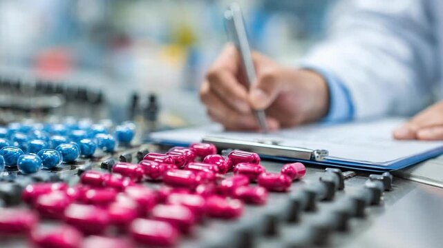 A person writes on a clipboard in a laboratory, with colorful beads arranged in rows like an abacus in the foreground.