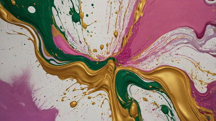 Minimal artistic background with pink, green, gold, purple, and white colors flowing and dripping across the canvas, creating a vibrant explosion of paint with bubbles forming throughout. 