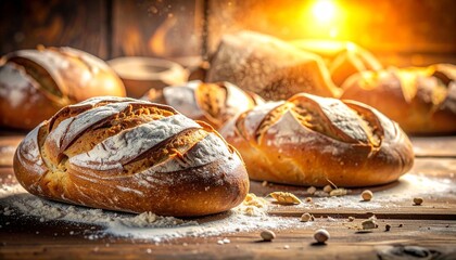 Artisanal bread loaves with golden crust and scoring marks on rustic wood surface with warm glow for editorial baking photography culinary heritage decor and poetic craftsmanship-themed visuals