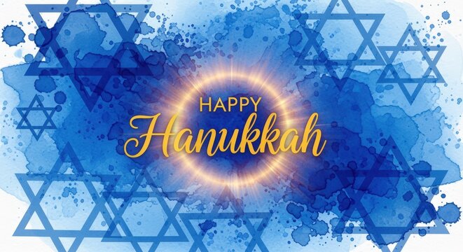 Wish everyone a Happy Hanukkah with this festive design featuring blue watercolor textures, stars of David, and a radiant, warm glow for a joyful celebration