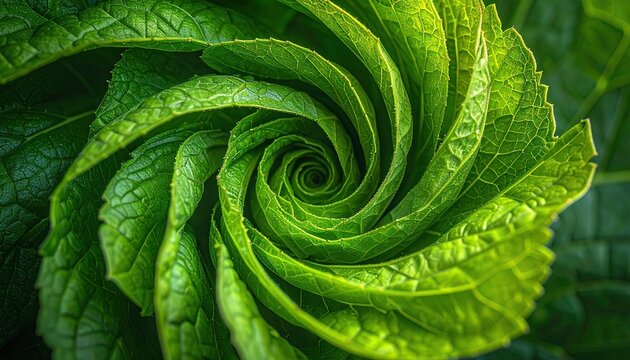 Close Up Macro Shot Of A Vibrant Green Spiral Plant Leaf Showing Intricate Natural Fibonacci Sequence Patterns And Dew Drops