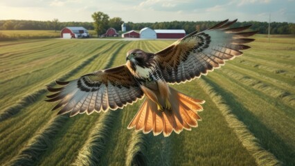 Red-tailed hawk soaring over a rural field