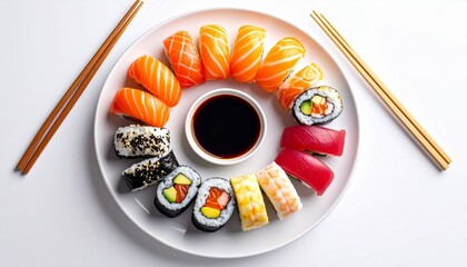 Assorted sushi plate with nigiri, maki rolls, soy sauce, and chopsticks in circular arrangement for editorial Japanese cuisine photography culinary decor and poetic precision-themed visualssushi plate