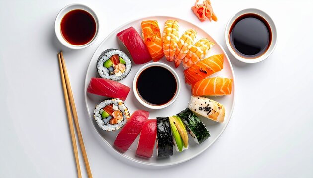 Assorted sushi plate with nigiri, maki rolls, soy sauce, and chopsticks in circular arrangement for editorial Japanese cuisine photography culinary decor and poetic precision-themed visualssushi plate