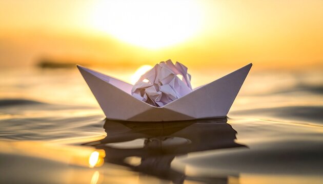 A white paper boat floats on golden water at sunset, cradling a crumpled note—evoking simplicity, reflection, and the poetic rhythm of quiet imagination.