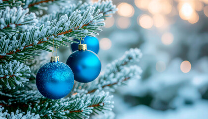Elegant Electric blue Christmas ornaments hang on a frosted tree, creating a festive and magical winter holiday mood for joyful seasonal celebrations