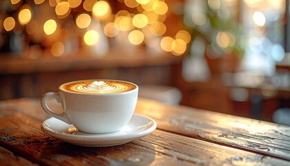 Cappuccino or latte with heart-shaped foam art in white ceramic cup on rustic wooden table with warm café lights for editorial coffee photography cozy lifestyle decor and poetic comfort-themed visuals
