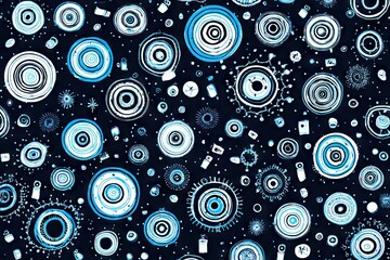 Spiraling abstract circles, blue & white on dark background
