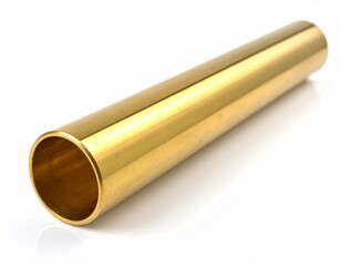 Fototapeta premium Polished hollow metal cylinder with brass finish on white reflective surface for editorial industrial photography mechanical component decor and poetic utility-themed visuals