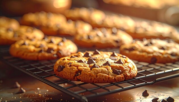 Freshly baked chocolate chip cookies cooling on wire rack with warm lighting and rustic kitchen ambiance for editorial baking photography homemade comfort decor and poetic indulgence-themed visuals