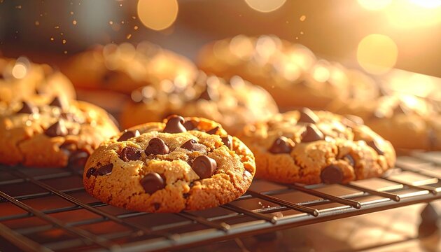 Freshly baked chocolate chip cookies cooling on wire rack with warm lighting and rustic kitchen ambiance for editorial baking photography homemade comfort decor and poetic indulgence-themed visuals