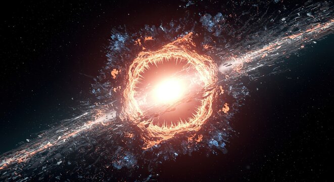 Abstract cosmic rendering depicting massive gravitational field forces pulling light and particles into a singularity, creating dynamic spatial distortions, background, future, massive
