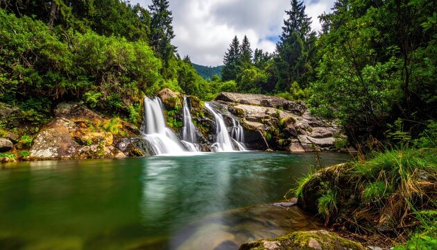 Lush Green Forest Waterfall Cascading into a Serene Pool Surrounded by Rocks and Dense Foliage Under a Bright Sky