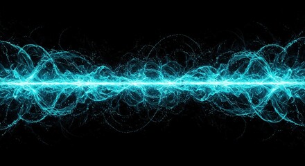 Abstract dark background visualization showing complex geometric quantum rhythm waves and energy flows in vibrant cyan and blue colors ,glow ,wave ,Quantum