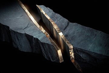 Sliced stone shows layers with gold, contrasting rough surface