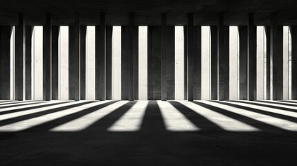 A black and white photograph of a room with a series of vertical columns and a striped floor.