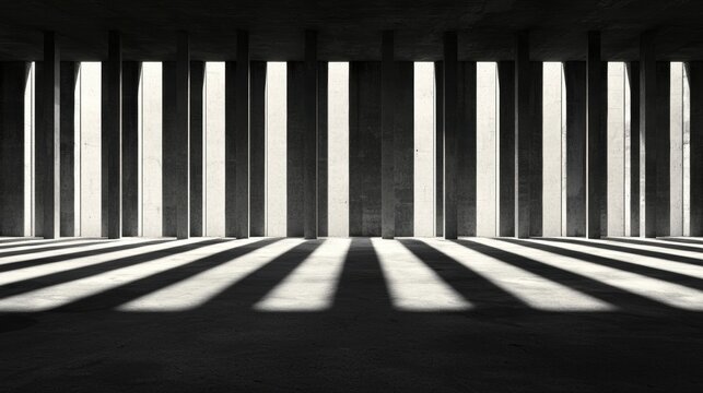 A black and white photograph of a room with a series of vertical columns and a striped floor.