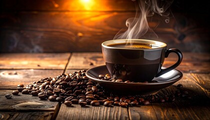 Steaming cup of coffee on a saucer surrounded by scattered coffee beans on a rustic wooden surface. Warm lighting and visible steam evoke a cozy, inviting atmosphere—ideal for lifestyle branding, café