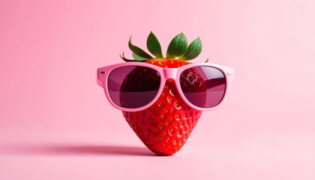 Strawberry in pink sunglasses on pink, radiating playful charm, surreal fashion, and fruity attitude.