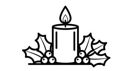 Illustration of a candle with holly leaves and berries, a festive and decorative image.