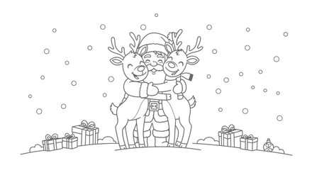 A heartwarming illustration of Santa Claus embracing two reindeer amidst a snowy backdrop.