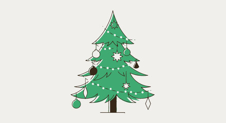 A stylized illustration of a decorated Christmas tree with lights and ornaments against a plain background.