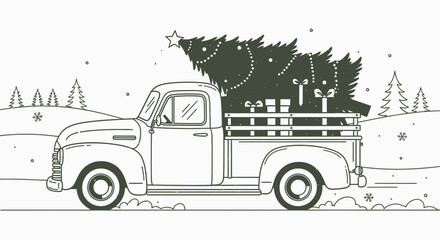 A vintage pickup truck carrying a Christmas tree, presents, and festive decorations, driving through a snowy landscape.