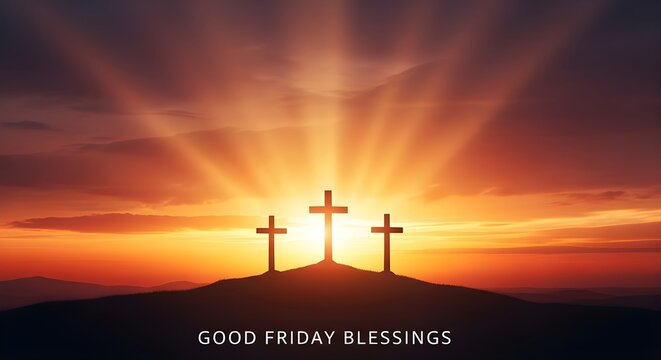 Three crosses on a hill with a sunset sky and good friday blessings