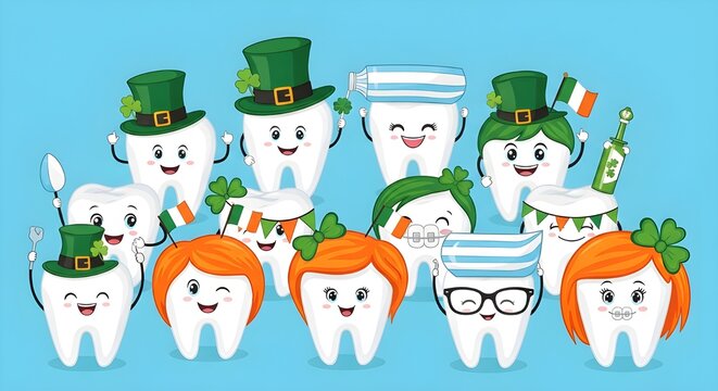 Cute teeth celebrating st patricks day isolated on blue background