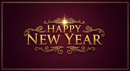 Happy new year golden text with flourish decoration on dark red background