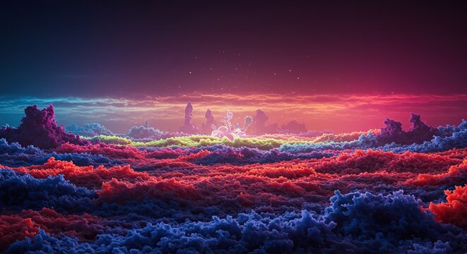 Abstract digital rendering of a vibrant dreamscape field featuring swirling neon colors, liquid flows, and distorted natural forms, abstract, groovy, pattern