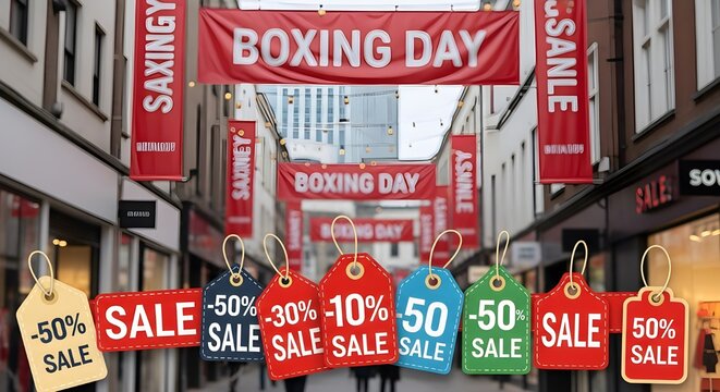 Boxing day sale banner hanging over a street with sale tags hanging down