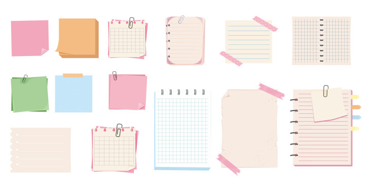 Set notes, memo pages with paper clip and adhesive tape. Sticky remind blanks, sheets, stickers. Checklist ripped torn edge paper.