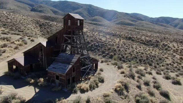 Aerial video orbits dilapidated mining headframe on parched desert hillside, showcasing decay, arid landscape, deep focus, dramatic shadows. Concept of historical abandonment