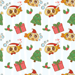 Festive christmas santa fish with gift box Coquette seamless pattern hand drawn repeat wallpaper background,wrapping paper