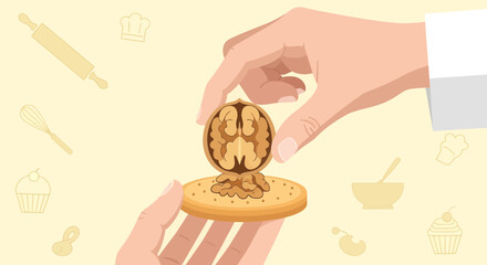 Creative Hand Gesture Placing a Walnut in a Biscuit with Baking Elements