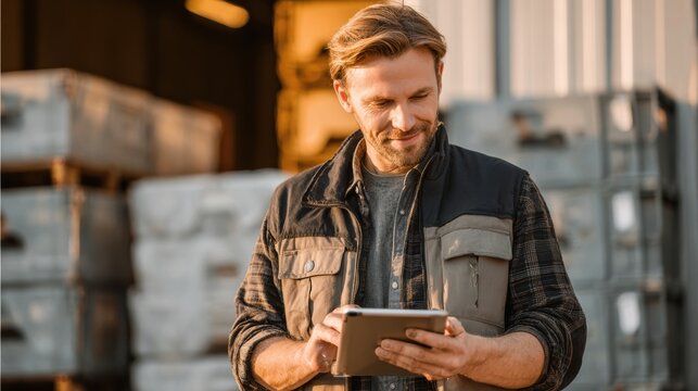 A man in a warehouse reviews data on a tablet, showcasing modern technology transforming the logistics industry.