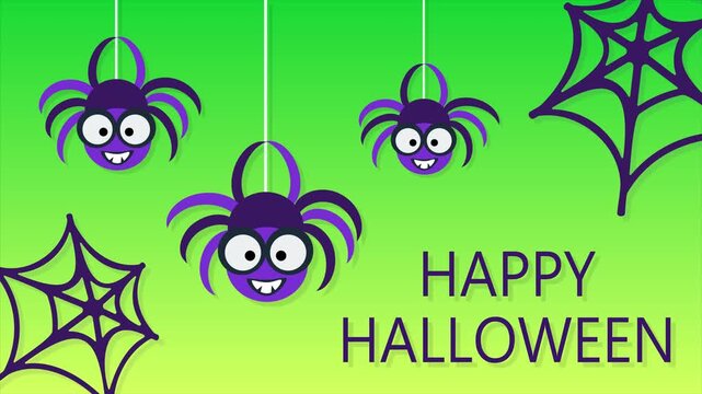 Halloween spiders and web on green background, cute spider animation design. Available in FullHD and 4K video
