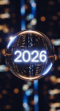 Transparent orb floating over neon cityscape with glowing 2026 new year, futuristic concept representing innovation, technology evolution and forward-thinking business vision