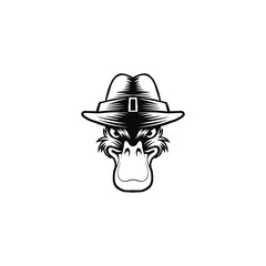 logo illustration of an angry duck head wearing a hat