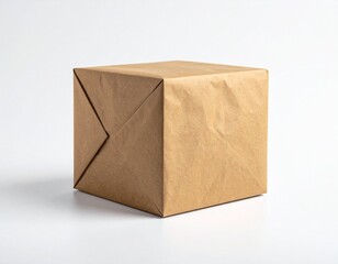 Cube-shaped package wrapped in brown kraft paper with neatly folded triangular flaps, placed on a white surface with soft lighting. A minimalist and tactile composition ideal for packaging design, pro