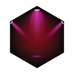 Abstract hexagon with pink spotlights shining on a dark red gradient background.